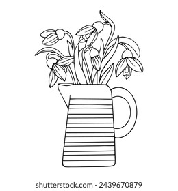 Linear sketch, coloring of a bouquet of spring snowdrop flowers in a vase.Vector graphics.