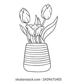 Dibujo lineal, coloración de un ramo de flores de tulipán de primavera en un jarrón.