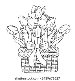 Linear sketch, coloring of a bouquet of spring tulip flowers in a festive wicker basket. Vector graphics.