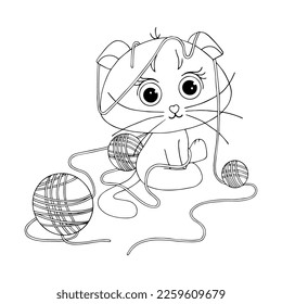 Linear sketch, coloring of a cute little cat playing with skeins of prayage. Vector graphics.