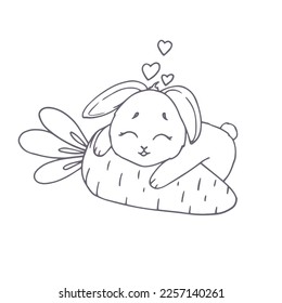 Linear sketch, coloring of a cute rabbit hugging a carrot. Vector graphics.