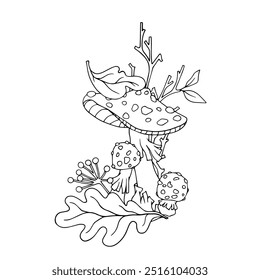 Lineare Skizze, Färbung von Fliegenpilzen, Herbstblättern, Wildbeeren. Vektorgrafiken.