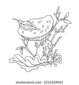 Linear sketch, coloring of fly agaric mushrooms, autumn leaves, wild berries. Vector graphics.