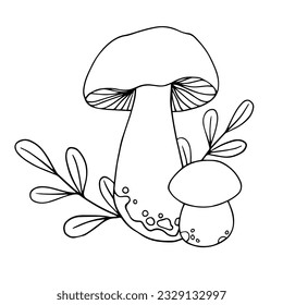 Linear sketch, coloring forest mushrooms. Vector graphics.