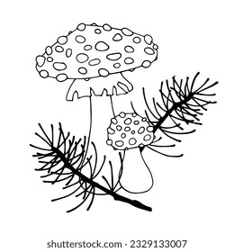 Linear sketch, coloring forest mushrooms. Vector graphics.