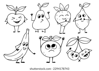 Linear sketch, coloring of funny characters of various fruits and berries. Vector graphics.