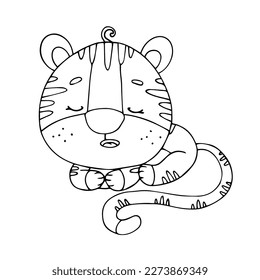 Linear sketch, coloring of a little tiger cub. Vector graphics.
