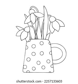Linear sketch, coloring pages of spring snowdrop flowers in a vintage flowerpot.Vector graphics.
