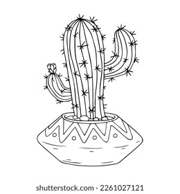Linear sketch coloring plants of the succulent, cactus family in flower pots. Vector graphics.