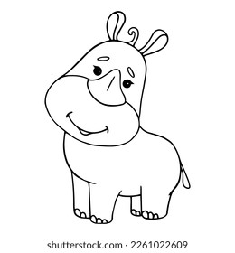 Linear sketch, coloring of a small cute animal of the African savannah, rhinoceros. Vector graphics.