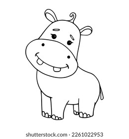 Linear sketch, coloring of a small cute animal of the African savannah, hippopotamus. Vector graphics.