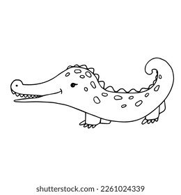 Linear sketch, coloring of a small cute animal of the African savannah, crocodile. Vector graphics.
