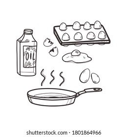 Lineare Skizze zum Kochen von Rührei im Doodle-Stil. Bratpfanne, Olivenöl, Eierverpackung. Kochkonzept. Einzeln auf weißem Hintergrund, Vektorgrafik-Stockwerk.