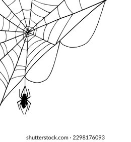 Linear sketch of a corner web with a spider.Vector graphics.	