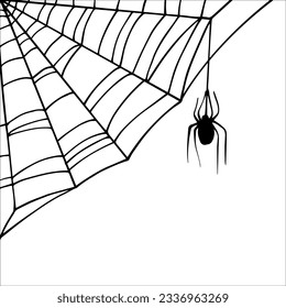 Linear sketch of a corner web with a spider.Vector graphics.	