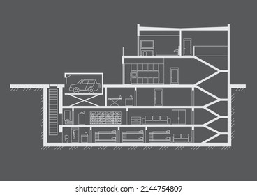 Linear sketch cottage section with multi-storey basement on gray background
