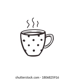 Linear sketch of a cup of hot tea or coffee or cocoa. Doodle style. Hot drink. Cooking concept. Isolated on white background, stock vector illustration.