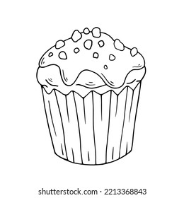 Linear sketch of cupcake, muffin with icing. Vector graphics.