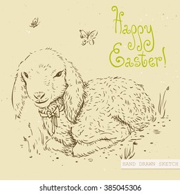 Linear sketch of the cute baby sheep with butterflies and green text Happy Easter. Hand drawn vintage vector illustration with lettering happy easter on the textured beige paper background.