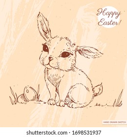 Linear sketch of the cute easter baby rabbit with eggs, text Happy Easter. Hand drawn vintage vector illustration with text happy easter on the textured beige paper background.