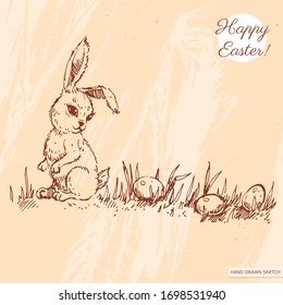 Linear sketch of the cute easter baby rabbit with eggs in grass, text Happy Easter. Hand drawn vintage vector illustration with easter bunny and eggs on the textured beige paper background.