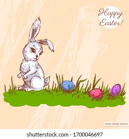 Linear sketch of the cute easter baby rabbit with eggs in grass, text Happy Easter. Hand drawn vintage vector illustration with easter bunny and eggs on the textured beige paper background.