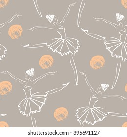 Linear sketch of the dancing ballerina in tutu. Seamless pattern of the dancer. Hand drawn vector illustration on the textured color background. Image for fabric, fashion, textile, wrapping paper.