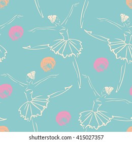 Linear sketch of the dancing ballerina in tutu. Seamless pattern of the dancer in dress. Hand drawn vector illustration on the textured color background. Image for fabric, fashion, textile.