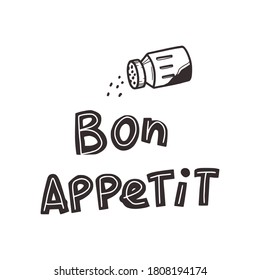 Linear sketch of a doodled salt shaker. Lettering inscription - "Bon Appetite". Cooking concept. Isolated on white background, stock vector illustration.