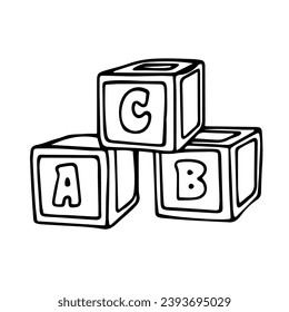 Linear sketch, doodles of children's educational toy cubes with the alphabet. Vector graphics.