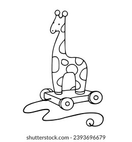 Linear sketch, doodles of a children's educational toy giraffe figurine on wheels. Vector graphics.