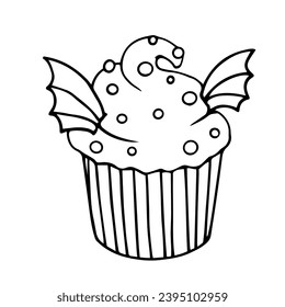 Esbozo lineal, garabatos de muffins temática de vacaciones para Halloween. Gráficos vectoriales.