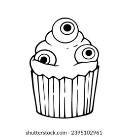 Esbozo lineal, garabatos de muffins temática de vacaciones para Halloween. Gráficos vectoriales.