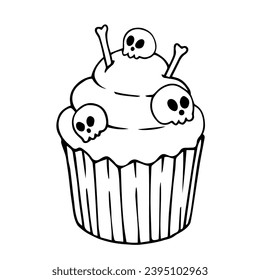 Esbozo lineal, garabatos de muffins temática de vacaciones para Halloween. Gráficos vectoriales.