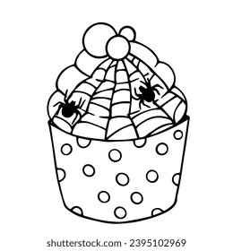 Esbozo lineal, garabatos de muffins temática de vacaciones para Halloween. Gráficos vectoriales.