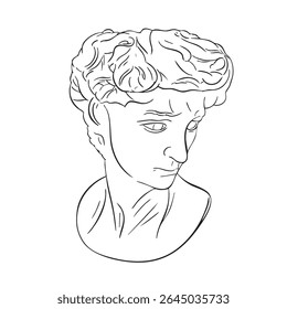 Desenho de esboço linear da cabeça Divid. Estátua antiga do deus mítico no estilo de gravação. Vetor mínimo criativo para design, web, adesivos