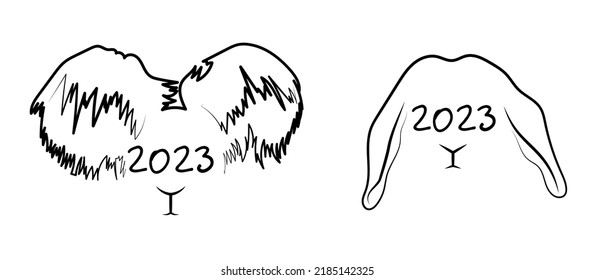 A linear sketch of the drawing of the inscription 2023 and a contour silhouette of a hare; rabbit; a solid continuous line.