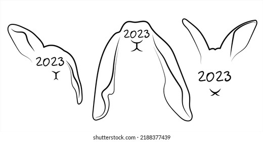 A linear sketch of the drawing of the inscription 2023 and a contour silhouette of a hare; rabbit; a solid continuous line.