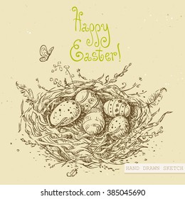 Linear sketch of the easter nest with eggs, butterflies and green text Happy Easter. Hand drawn vintage vector illustration with lettering happy easter on the textured beige paper background.