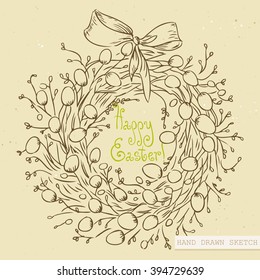 Linear sketch of the easter wreath with eggs, flowers, bow and green text Happy Easter. Hand drawn vintage vector illustration with lettering happy easter on the textured beige paper background.