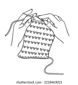 Linear sketch of female hands in the process of knitting, picking up loops on knitting needles. Vector graphics.