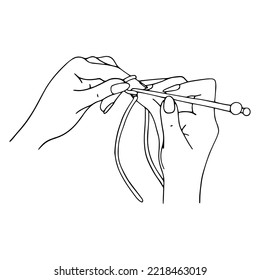 Linear sketch of female hands in the process of knitting, picking up loops on knitting needles. Vector graphics.
