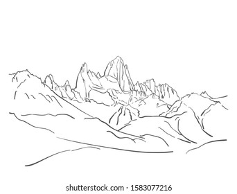 Linear sketch of Fitz Roy mountain massif in Patagonia, Hand drawn vector illustration