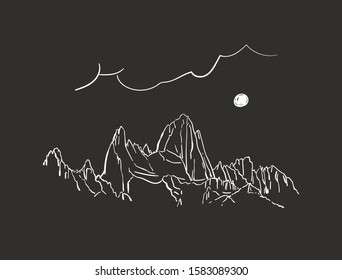 Linear sketch of Fitz Roy mountain in Patagonia in night with moon, Hand drawn vector illustration white lines