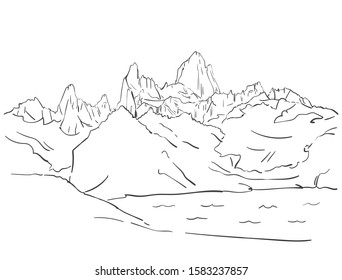 Linear sketch of Fitz Roy mountain massif in Patagonia, Hand drawn vector illustration