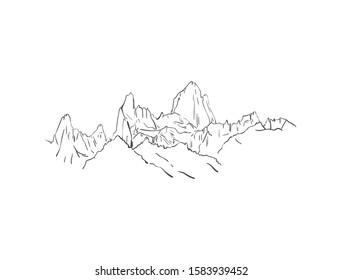 Linear sketch of Fitz Roy mountain massif in Patagonia, Hand drawn vector illustration