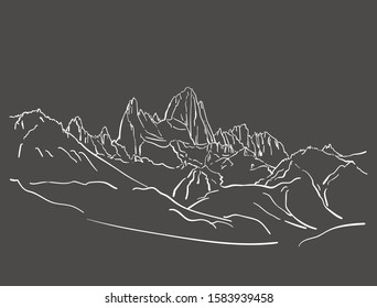 Linear sketch of Fitz Roy mountain massif in Patagonia, Hand drawn vector illustration white lines on grey