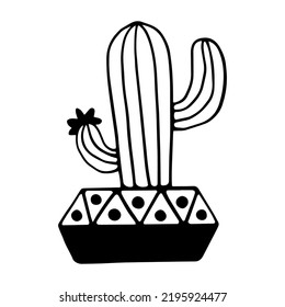 Linear sketch of a flowering cactus. Simple houseplant illustration. Stylized vector graphic.