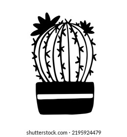 Linear sketch of a flowering cactus. Simple houseplant illustration. Stylized vector graphic.