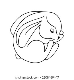 Linear sketch of forest animal sleeping hare,rabbit.Isolated vector graphic.